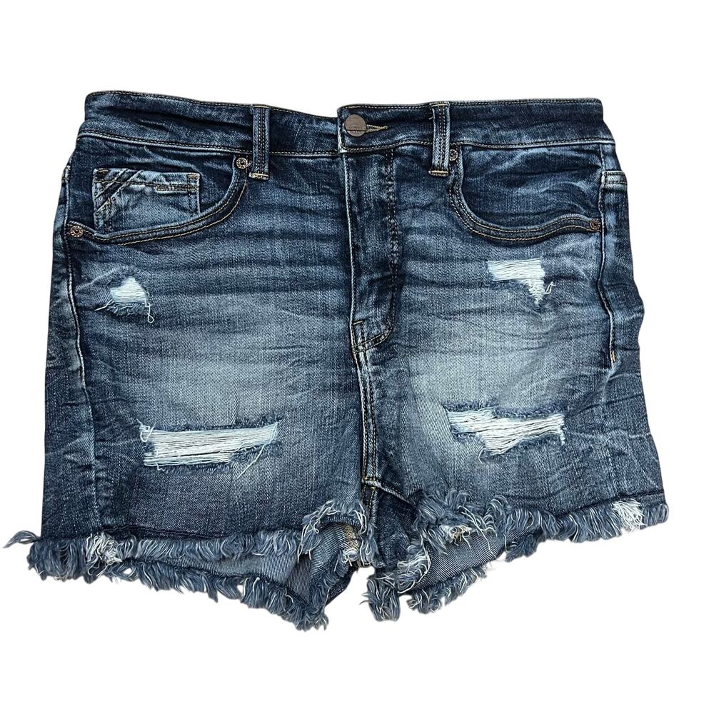 Black Buckle thrash torn stonewashed cutoff denim Blue Jean shorts grunge sz 32